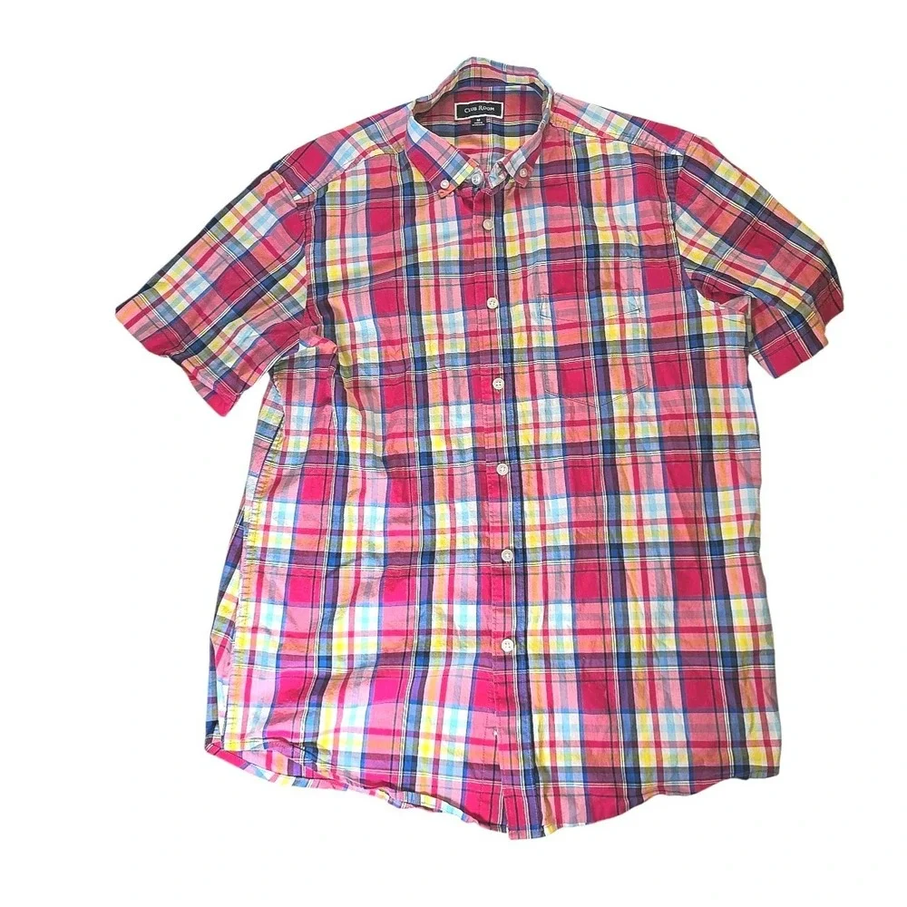 Club Room Mens Button Down Shirt Size‎ Medium Cotton Stretch Short Sleeve Plaid